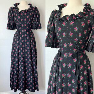 1970s Gunne Sax-style Floral Corset Prairie Victorian Dress by Léron of Paris